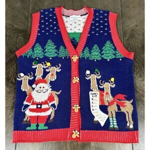 Vintage Christmas Sweater Vest Women's Large Santa Clause All Over Print
